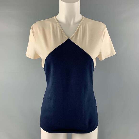 RALPH LAUREN Cream andNavy Silk Blend Color Block Pullover